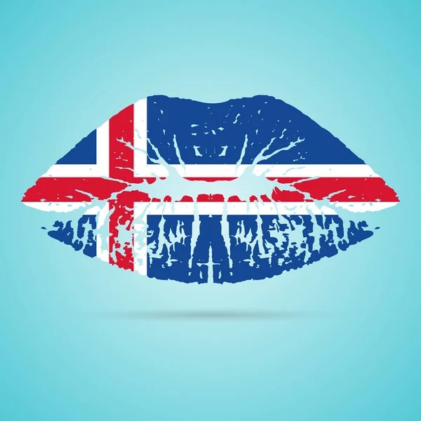 Lápiz labial de la bandera de Islandia en los labios aislado sobre un fondo blanco. Ilustración vectorial . — Vector de stock