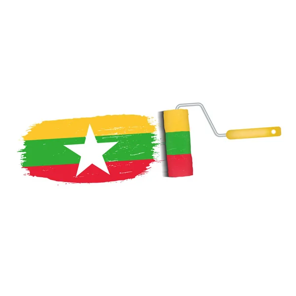 Penseelstreek met nationale vlag van Myanmar geïsoleerd op een witte achtergrond. Vectorillustratie. — Stockvector