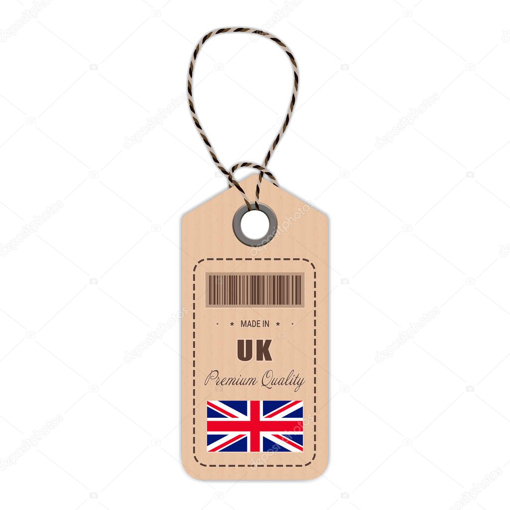 Hang Tag Made In United Kingdom With Flag Icon Isolated On A White Background. Vector Illustration.