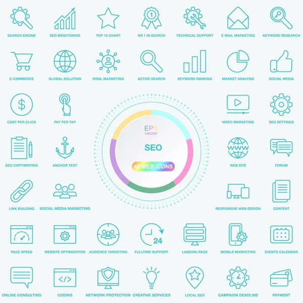 Evrensel Seo arama motoru optimizasyonu satır simgeler kümesi. Web, Blog ve sosyal medya düğmeleri. Arka plan üzerinde izole vektör Illusitration.