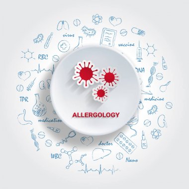 Tıbbi özellikleri için simgeler. Allergology kavramı. Elle çizilmiş tıp Doodle ile vektör çizim.