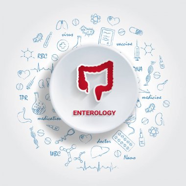 Tıbbi özellikleri için simgeler. Enterology kavramı. Elle çizilmiş tıp Doodle ile vektör çizim.