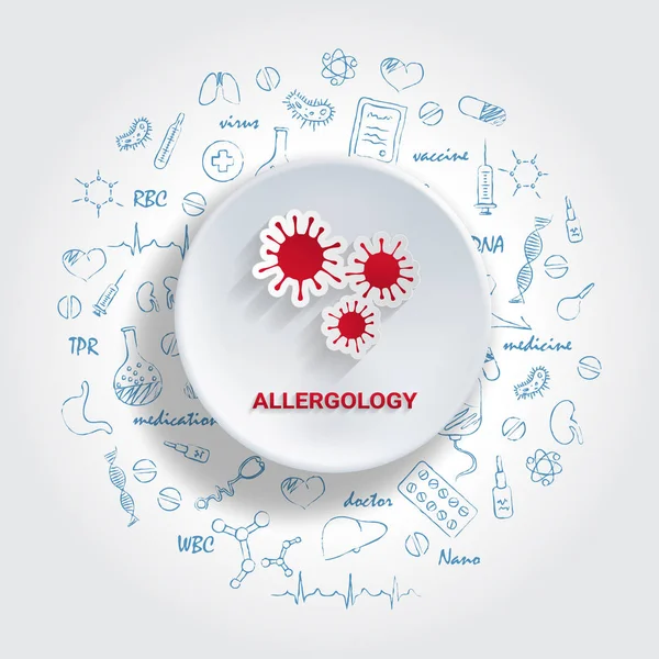 Ikoner för medicinska specialiteter. Allergologi koncept. Vektorillustration med handritad medicin Doodle. — Stock vektor