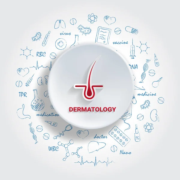 Ikoner för medicinska specialiteter. Dermatologi koncept. Vektorillustration med handritad medicin Doodle. — Stock vektor