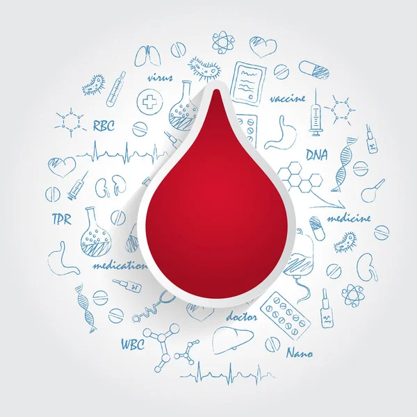 Tıbbi özellikleri için simgeler. Hematoloji ve kan kavramı. Elle çizilmiş tıp Doodle ile vektör çizim.