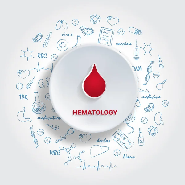 Symbole für medizinische Spezialitäten. Hämatologie-Konzept. Vektor-Illustration mit handgezeichnetem Medizin-Doodle. — Stockvektor