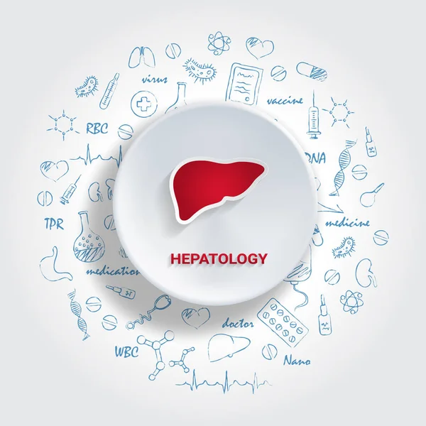 Orvosi szakterületek ikonok. Hepatology koncepció. Kézzel rajzolt gyógyszer Doodle vektoros illusztráció. — Stock Vector