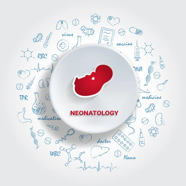 Ikoner för medicinska specialiteter. Neonatologi-konceptet. Vektorillustration med handritad medicin Doodle. — Stock vektor