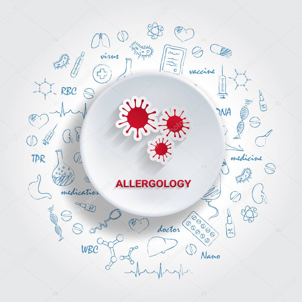 Icons For Medical Specialties. Allergology Concept. Vector Illustration With Hand Drawn Medicine Doodle.