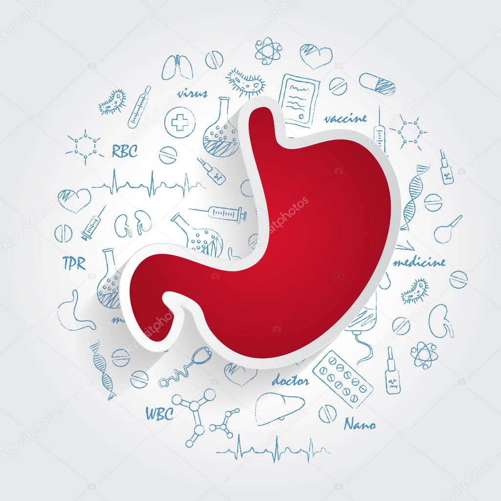 Icons For Medical Specialties. Gastrology And Stomach Concept. Vector Illustration With Hand Drawn Medicine Doodle.