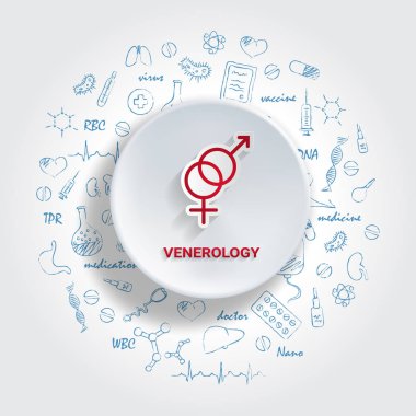 Tıbbi özellikleri için simgeler. Venerology kavramı. Elle çizilmiş tıp Doodle ile vektör çizim.