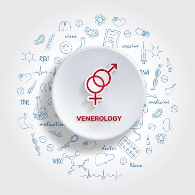 Icons For Medical Specialties. Venerology Concept. Vector Illustration With Hand Drawn Medicine Doodle. clipart