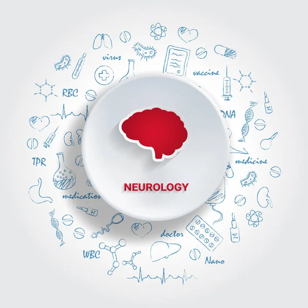 Symbole für medizinische Spezialitäten. Neurologie-Konzept. Vektor-Illustration mit handgezeichnetem Medizin-Doodle. — Stockvektor