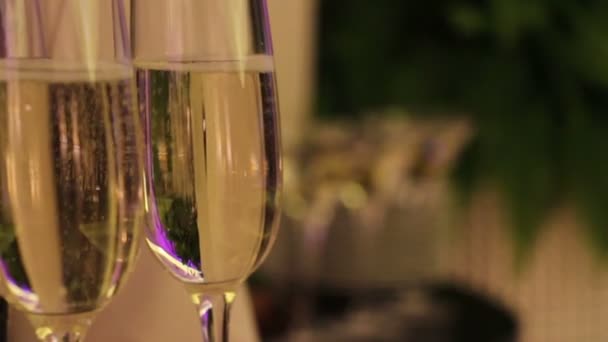 Szemüveg, egy pohár pezsgő, pezsgő különterem tervez, pezsgő közelről, bankett belső, zárt térben — Stock videók