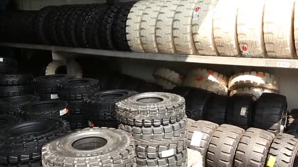 Stock wheels and tires for forklift, warehouse, Industrial interior, stock wheels and tires for forklift — Stock Video