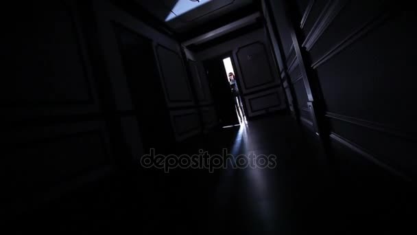 Agente Donna in Pelle Nera Abito alla porta e in questa ombra andando da porta, super eroina in azione, in nero, tute in pelle, pistola, pistola, all'interno, Porta, aperta, spie, donna, all'interno , — Video Stock