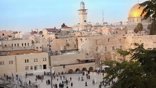 Jerusalem, Western Wall and Dome of the Rock, Israel flag, general plan, Timelapse — Stock Video