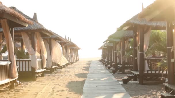 Sandstrand mit reetgedeckten Sonnenschirmen an einem windigen Tag, Sonnenschirme am Meer — Stockvideo