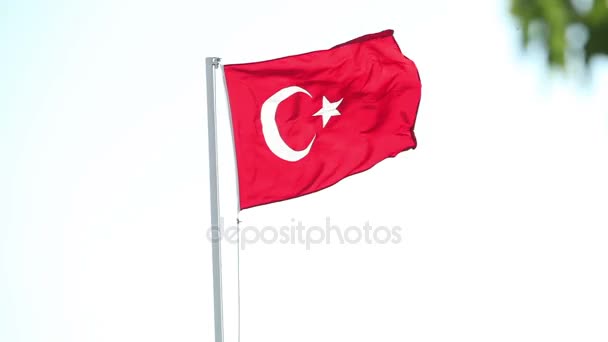 Turkish flag waving in blue sky, Flag of Turkey in the wind