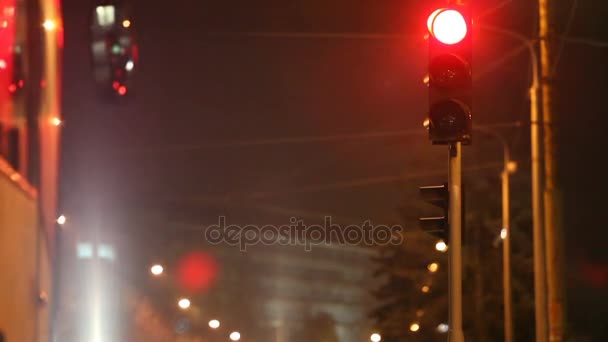 Cidade noturna, semáforo, pontos de ônibus em um semáforo, close-up — Vídeo de Stock