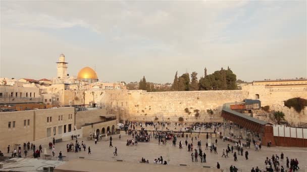 Israel, Jerusalem western wall. The Western Wall, Wailing Wall, Jewish shrine, old city of Jerusalem, Orthodox Jews pray, religion, zoom, panorama — Stock Video