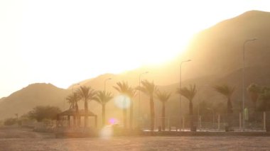 Gün batımında, bir arka plan Dağları'nın palmiye ağaçlarının yol boyunca palmiye ağaçları, üzerinde bir tropik ülke, güneş, portakal, palmiye ağaçları, palmiye ağaçları yol boyunca aracılığıyla güneş dağ güneş batıyor