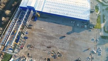 Hava, şantiye, metal yapı, inşaat makinaları, inşaat hava görünümünü büyük bir bitki veya fabrika, Sanayi Dış, panoramik görünümünün İnşaat