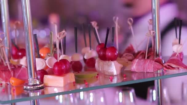 Bufê com lanches, Cocktail, lanches e álcool no buffet, bebidas na mesa, gourmet, dentro de casa, close-up — Vídeo de Stock