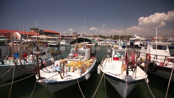 Fiskebåtar nära piren, fartyg parkering av fiske, fritidsbåtar och fiskebåtar i hamnen — Stockvideo