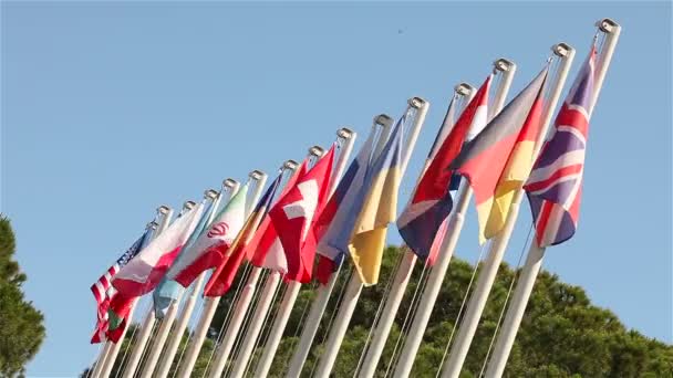 Colourful flags swaying against a blue sky, Many flags sway in the wind — Stock Video