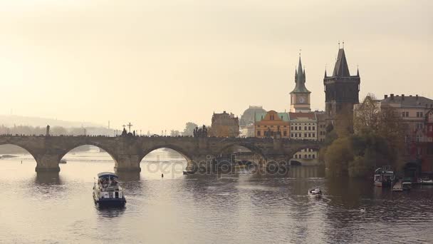 Gamla bron över floden. Karlsbron i Prag — Stockvideo