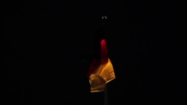 De vlag van Duitsland ontwikkelt tegen de achtergrond van de nachtelijke hemel, de nationale vlag van Duitsland over de Reichtag-dome, tegen de achtergrond van de nachtelijke hemel, de weergave van onderen — Stockvideo