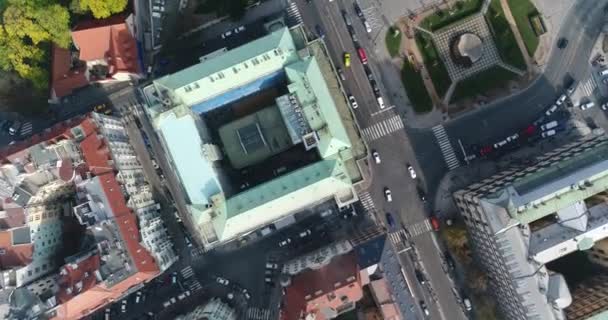 Panoramautsikt från ovan på Pragborgen, satellitvy av Prags centrum, gamla stan, — Stockvideo