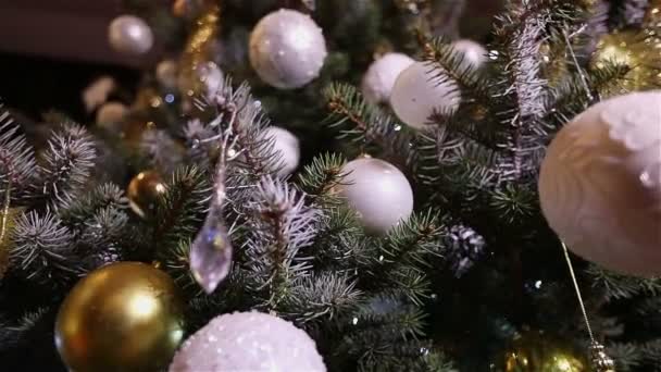 Vánoční stromky. Vánoční stromek, věnec na nový rok, blikající světla, vánoční osvětlení. Nová let dekorace, detail — Stock video