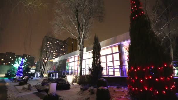 Exterior de la casa moderna o restaurante, las luces de Navidad se encienden en los árboles, en el cielo nocturno, movimiento de la cámara, árbol decorado con luces de Navidad, altas luces de árboles, vista desde abajo — Vídeo de stock