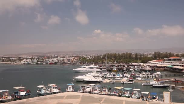 Cyprus, Greece, Pleasure boats and fishing boats in harbor, fishing boats near the pier, boat parking, A number of fishing boats park near the pier in the port, Panorama, top view, tourism