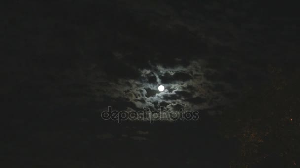Повний місяць в нічному небі, яскравий місяць, нічне небо, рух хмар в нічному небі на тлі яскравого місяця — стокове відео