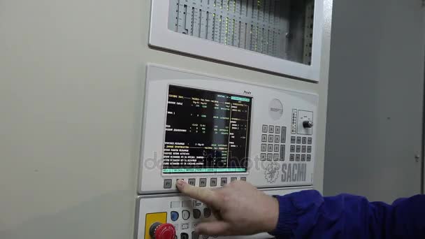 Control panel in the factory, control buttons. modern plant, man buys buttons, close-up, interior, indoors — Stock Video