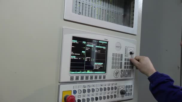 Control panel in the factory, control buttons. modern plant, man buys buttons, close-up, interior, indoors — Stock Video