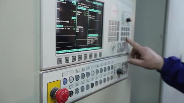 Control panel in the factory, control buttons. modern plant, man buys buttons, close-up, interior, indoors — Stock Video