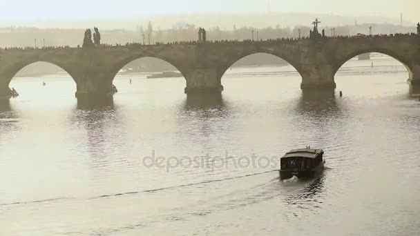 旅游船, 在背景查尔斯桥, 查尔斯桥, 布拉格的背景下, 一艘旅游船日落 — 图库视频影像