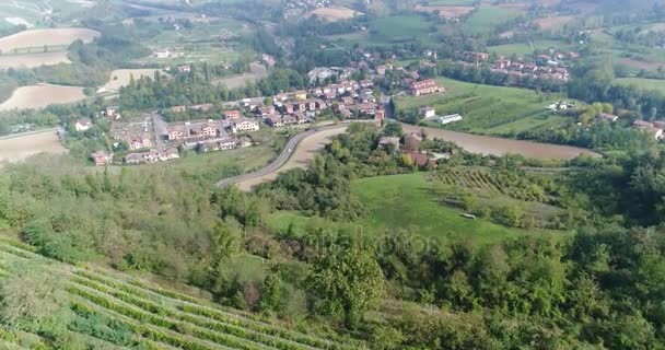イタリアのブドウ園の上から空中俯瞰小さな中世の町のイタリア、イタリアのブドウ畑のパノラマの眺め — ストック動画