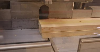 Modern makine aracı keser ahşap kirişler, sanayi iç, mobilya fabrikası, orman ürünleri, yakın çekim