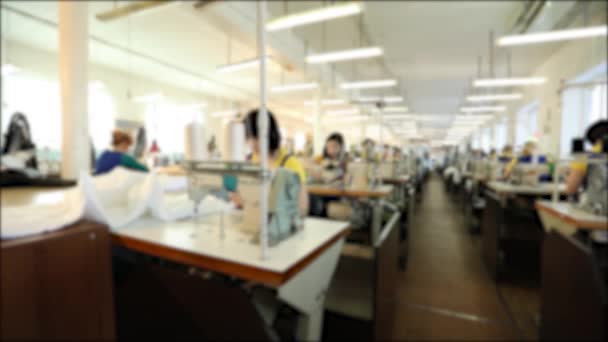 Εργοστασίου υφασμάτων βιομηχανικής κλίμακας, εργαζόμενοι στη γραμμή παραγωγής, παραγωγή ράψιμο, γυναίκες εργάζονται για ραπτομηχανές, ράψιμο εργαστήριο, θαμπάδα, αγνώριστος — Αρχείο Βίντεο