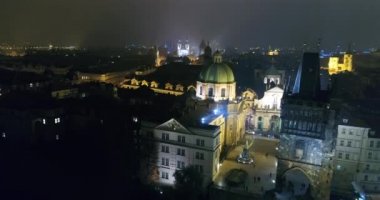 Prag gece Panoraması, Panoramic St. Vitus Katedrali Prag, Prag gece şehrin ışıkları için havadan görüntüleme