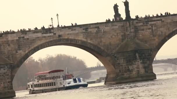 布拉格的查尔斯桥, 在伏尔塔瓦河河上的游览船对查尔斯桥的背景, 沿河观光巡航的运动, 布拉格, 2017年10月19日 — 图库视频影像