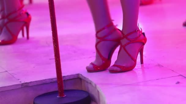 Musical female band performs on stage, beautiful female feet in red high-heeled shoes, a view of the female legs, look on beautiful womens legs — Stock Video