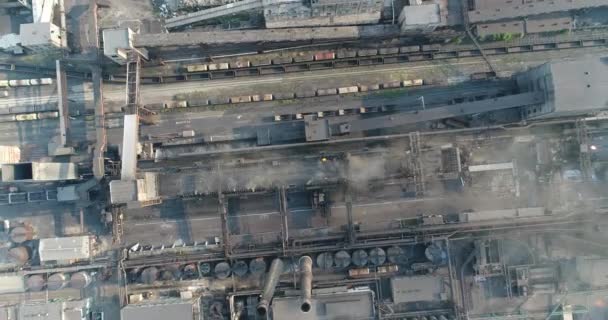 Industrial area top view, View of the industrial object, Courtyard of a factory, Aerial view, Smoke and fire, environmental pollution, environmental pollution, ecological disaster, panoramic view, 4K — Stock Video