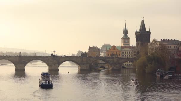 川にかかる古い橋。カレル橋、プラハ — ストック動画
