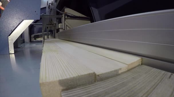 Průmyslový interiér, řezání dřevěný blok, pily pro dřevěný blok, řezací stroj, sawmodern obráběcích kusy dřevěných trámů, detail — Stock video